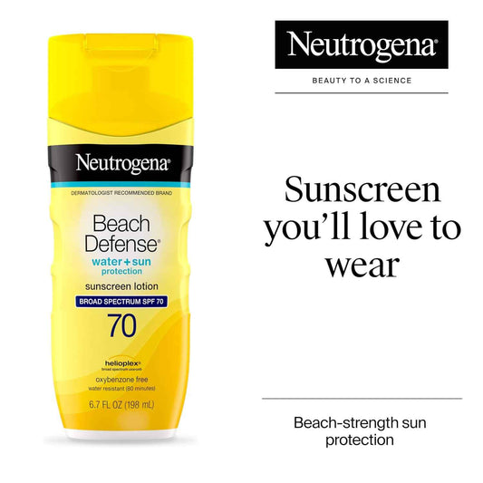 Neutrogena Sunscreen Lotion Beach Defense SPF 70, Face and Body Sunscreen, Hawaii Reef Act 104 Compliant, Octinoxate & Oxybenzone Free, Oil Free, Fast Absorbing Sun Care, 6.7 fl oz, Twin Pack