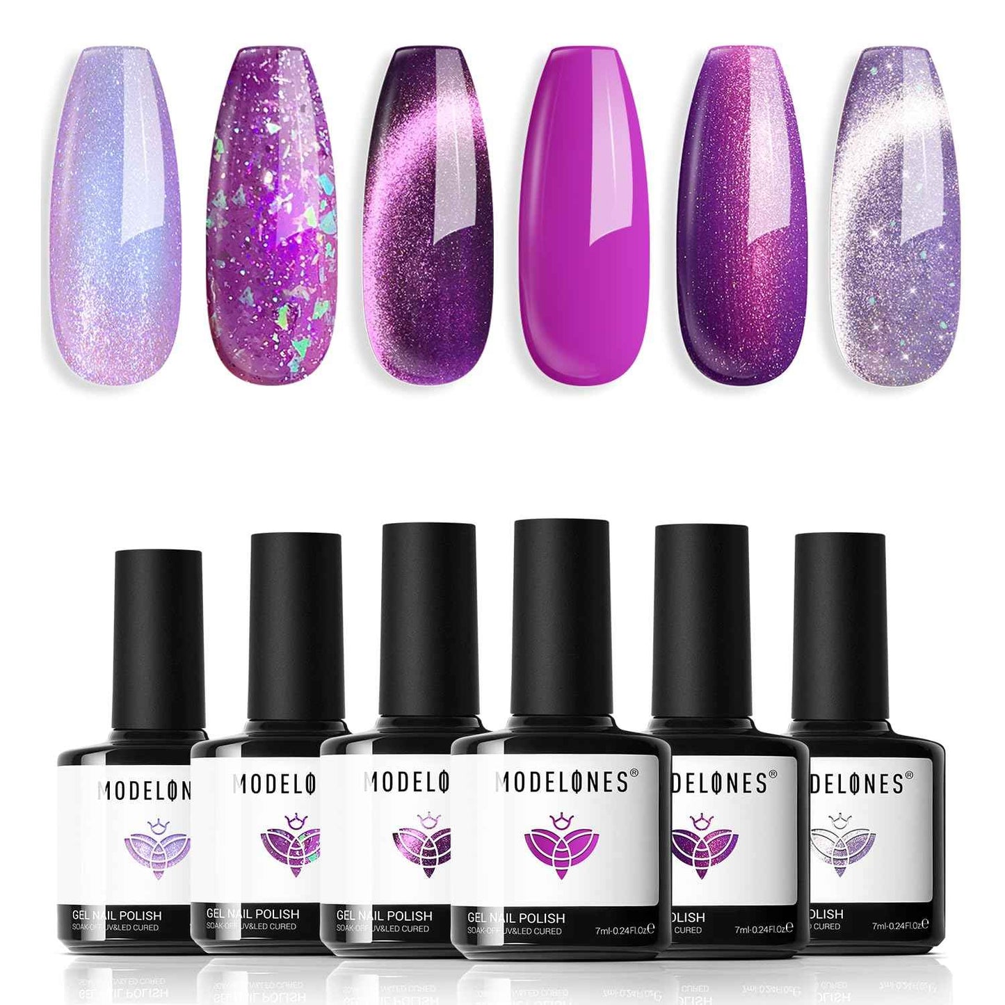 modelones Cat Eye Gel Nail Polish, 6 Colors Shimmer Pearl Magnetic Nail Drawing Set with Magnet, Iridescent Mermaid Swirl Shell Thread Purple Pink Blue Glitter, DIY Manicure Gift for Women Girl