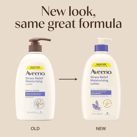 Aveeno Stress Relief Moisturizing Body Lotion with Prebiotic Oat & Lavender Scent for Sensitive Skin, Calms & Relaxes with 48 Hour Hydration, Fast Absorbing & Non-Greasy