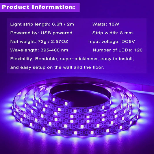 6.6ft_Black_Light_LED_Strips,_120_Lamp_Beads,_USB_Cable_1.5m_LED_Black_Light_Strip_Kit,_DC5V_10W_Flexible_Blacklight_strip_lights,_Non-Waterproof_UV_Light_Strip_for_Indoor,_TV_Decor,_Party,_Halloween