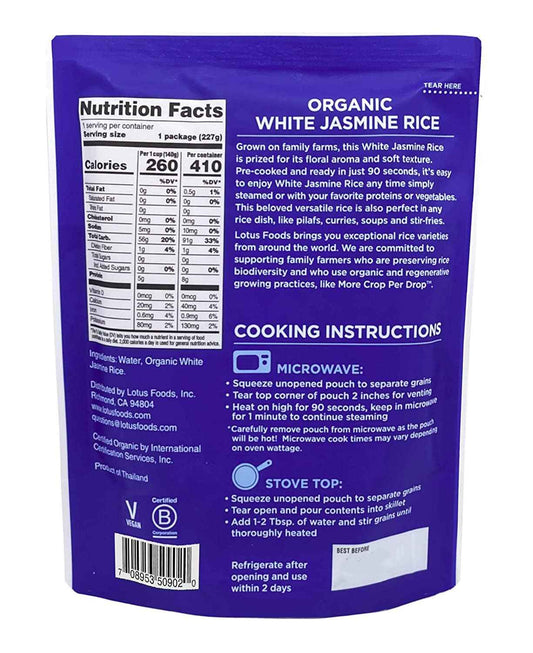 Lotus Foods Organic White Jasmine Rice 8 oz – One-Ingredient Pantry Essential for Minimalist Kitchens