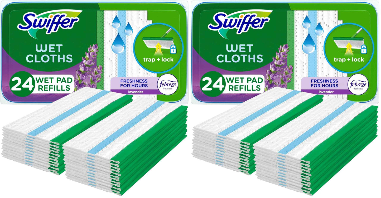 Swiffer Sweep + Mop, Wet Pads Refill, Floor Cleaner for Dirt, Dust, Hair, Cleaning Cloths for Mopping Home, Bathroom, Kitchen, All Purpose Multi-Surface Floor Wipes, Lavender, 24ct