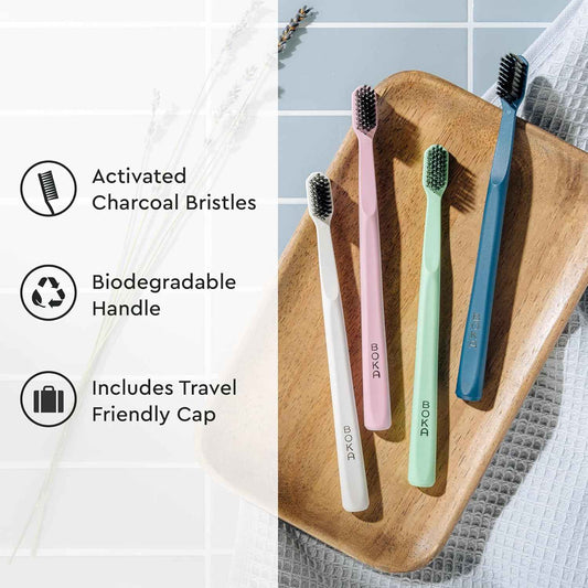 Boka Classic Manual Toothbrush with Extra Soft Activated-Charcoal, Tapered Bristles, Bioplastic Handle that Includes Travel Cap, Dentist-Approved, Great for Adults and Kids