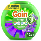 Gain Flings Liquid Washing Detergent Pacs with Odor Defense + Color Guard, Moonlight Breeze Scent, 4-In-1 Liquid Laundry Detergent Pods, Clean & Fresh