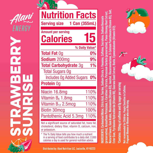 Alani Nu STRAWBERRY SUNRISE Sugar Free, Low Calorie Energy Drinks, 200mg Caffeine, Biotin B Vitamins, Zero Sugar, 10 Calories, 12 Fl Oz Cans, 12 Pack