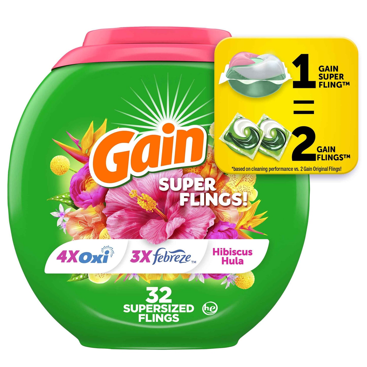 Gain Plus Flings Liquid Washing Detergent Pods, Gain's Best Clean, All-In-One, Happy Hibiscus Scent Laundry Pacs
