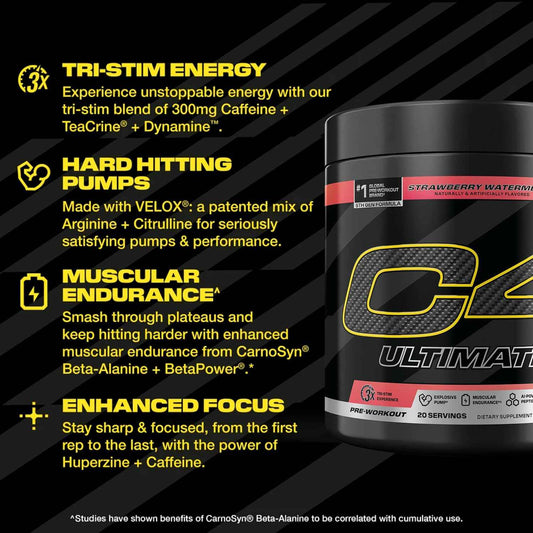 C4 Ultimate Pre Workout Powder - Sugar Free Preworkout Energy Supplement for Men & Women - 300mg Caffeine + 3.2g Beta Alanine + 2 Patented Creatines - 20 Servings