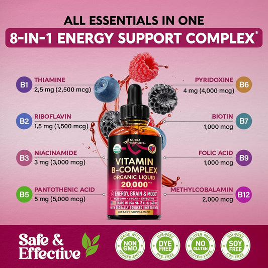 USDA Organic Vitamin B-Complex B5 Pantothenic Acid | B12 Methylcobalamin | B1 Thiamine | B6 Pyridoxine | B7 Biotin | B9 Folic | B3 Niacinamide - B Complex Liquid Drops | Complex Liquid Spray, Made in USA Supplement