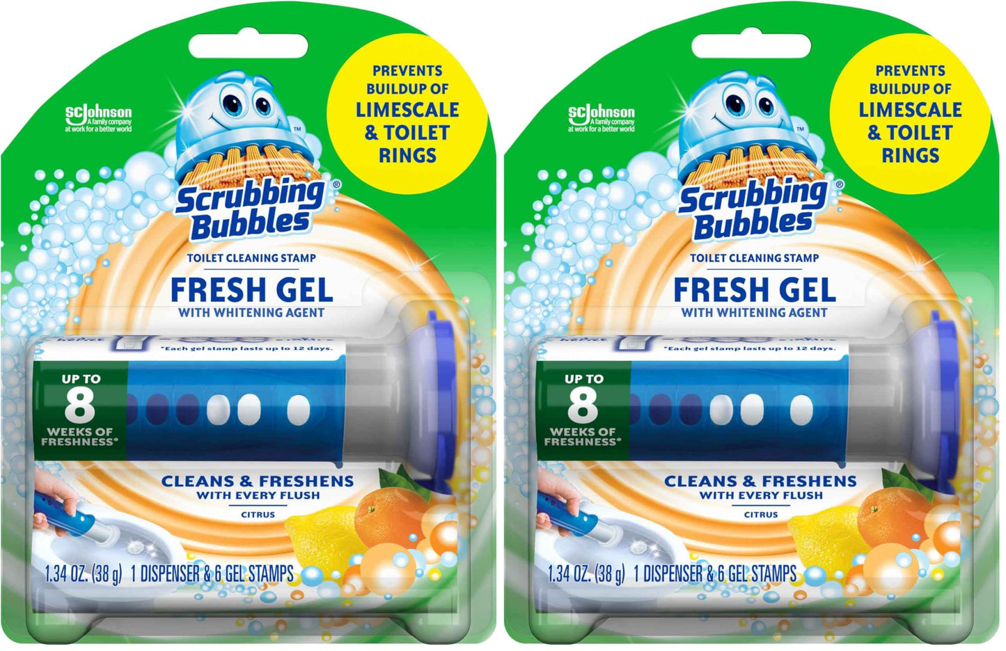 Scrubbing Bubbles Fresh Gel Toilet Bowl Cleaning Stamps, Helps Keep Toilet Clean and Helps Prevent Limescale & Rings, Citrus Scent, 1 Dispenser with 6 Fresh Gel Stamps