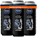 NIVEA MEN Real Madrid Limited Edition Design Active Clean Body Wash with Natural Charcoal for Normal to Oily Skin, 3-in-1 Charcoal Body Wash, Face and Hair
