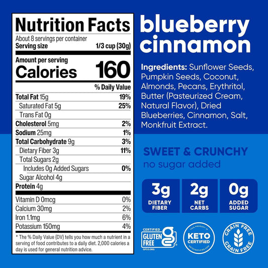 NuTrail Nut Granola Cereal, Blueberry Cinnamon, No Sugar Added, Gluten Free, Grain Free, Keto, Low Carb, Healthy Breakfast Cereal 8 oz.