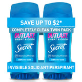 Secret Outlast Antiperspirant Deodorant for Women, 72hr Sweat & Odor Protection, PH Balancing Minerals, Invisible Solid, Completely Clean Scent, 2.6 oz
