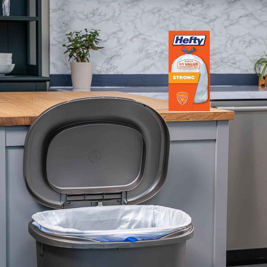 Hefty Strong White 13 Gallon Trash Bags with Drawstrings, Unscented Tall Kitchen Trash Bags, Resists Leaks, Punctures, and Tears, Durable Closure