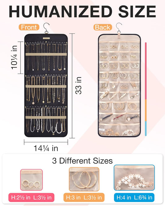 BAGSMART_Hanging_Jewelry_Organizer_Storage_Roll_with_Hanger_Metal_Hooks_Double-Sided_Jewelry_Holder_for_Earrings,_Necklaces,_Rings_on_Closet,_Wall,_Door,_1_piece,_Large,_Black