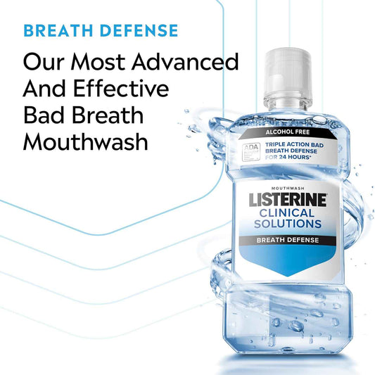 Listerine Clinical Solutions Breath Defense Alcohol Free Mouthwash, Oral Rinse with a Triple-Action Formula Fights Bad Breath for 24 Hours, Smooth Mint Flavor
