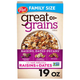 Great Grains Raisins Dates and Pecans Breakfast Cereal, Raisin Cereal with Sweet Dates and Granola Clusters, Non-GMO Project Verified, 19 OZ Box