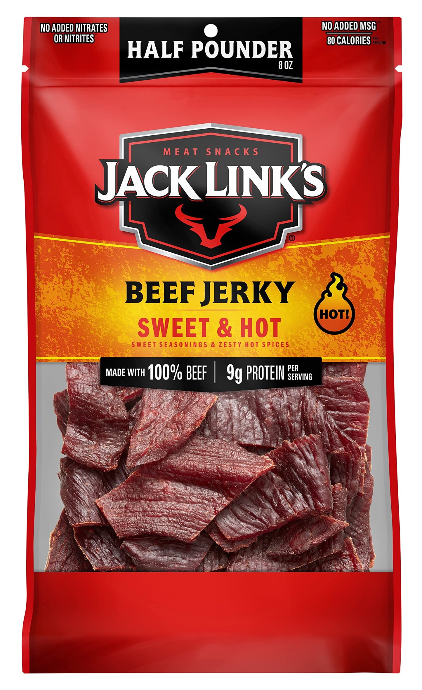 Jack Link's Beef Jerky Half Pounder - Sweet & Hot - 100% Real Beef - Ready to Eat Real Meat Protein Snacks - 9g Protein per Serving - 8 oz Large Jerky Bag