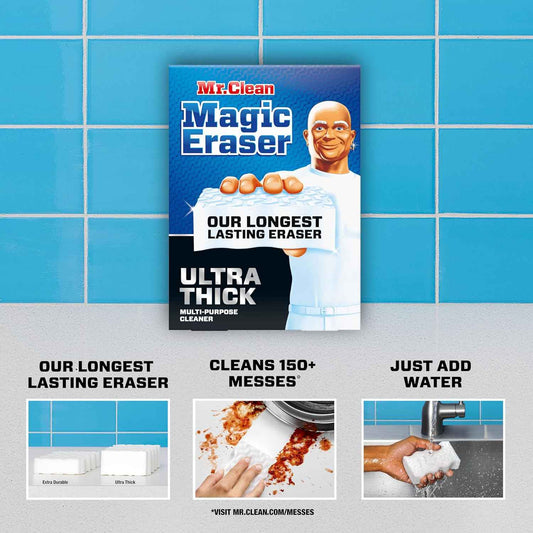 Mr. Clean Magic Eraser Sponge, All Purpose Cleaner, Long Lasting Cleaning Scrubber, Wall Cleaner, Sneaker Cleaner, Oven Cleaner, Kitchen, Bathroom, Shower Cleaning Supplies, Ultra Thick