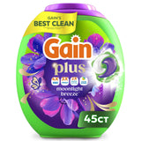 Gain Plus Flings Liquid Laundry Detergent Pods, Gain's Best Clean, All-In-One Pacs, Moonlight Breeze Scent, 45 Count