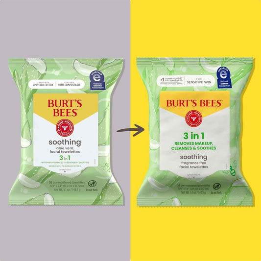 Burt’s Bees Soothing, Fragrance Free Facial Towelettes for Sensitive Skin, Aloe Vera, 100% Plant Based Cloths; 99% Natural Origin; Removes Makeup, Dirt and Oil; No Rinsing