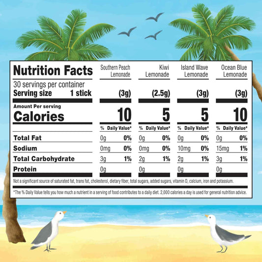 Calypso Singles To Go! Drink Mix Variety Pack – Lemonade On-the-Go Powdered Drink Mix Packets – Low Calorie Water Enhancer – Island Wave, Kiwi, Southern Peach, Ocean Blue Lemonade, 30 Count