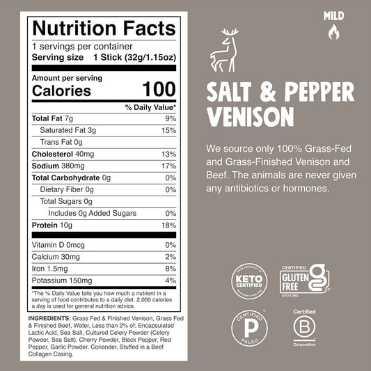 Chomps Grass-Fed & Finished Salt & Pepper Venison Jerky Meat Snack Sticks - Keto, Paleo, Low Carb, Whole30 Approved, 10g Lean Meat Protein, Gluten Free, Zero Sugar Food