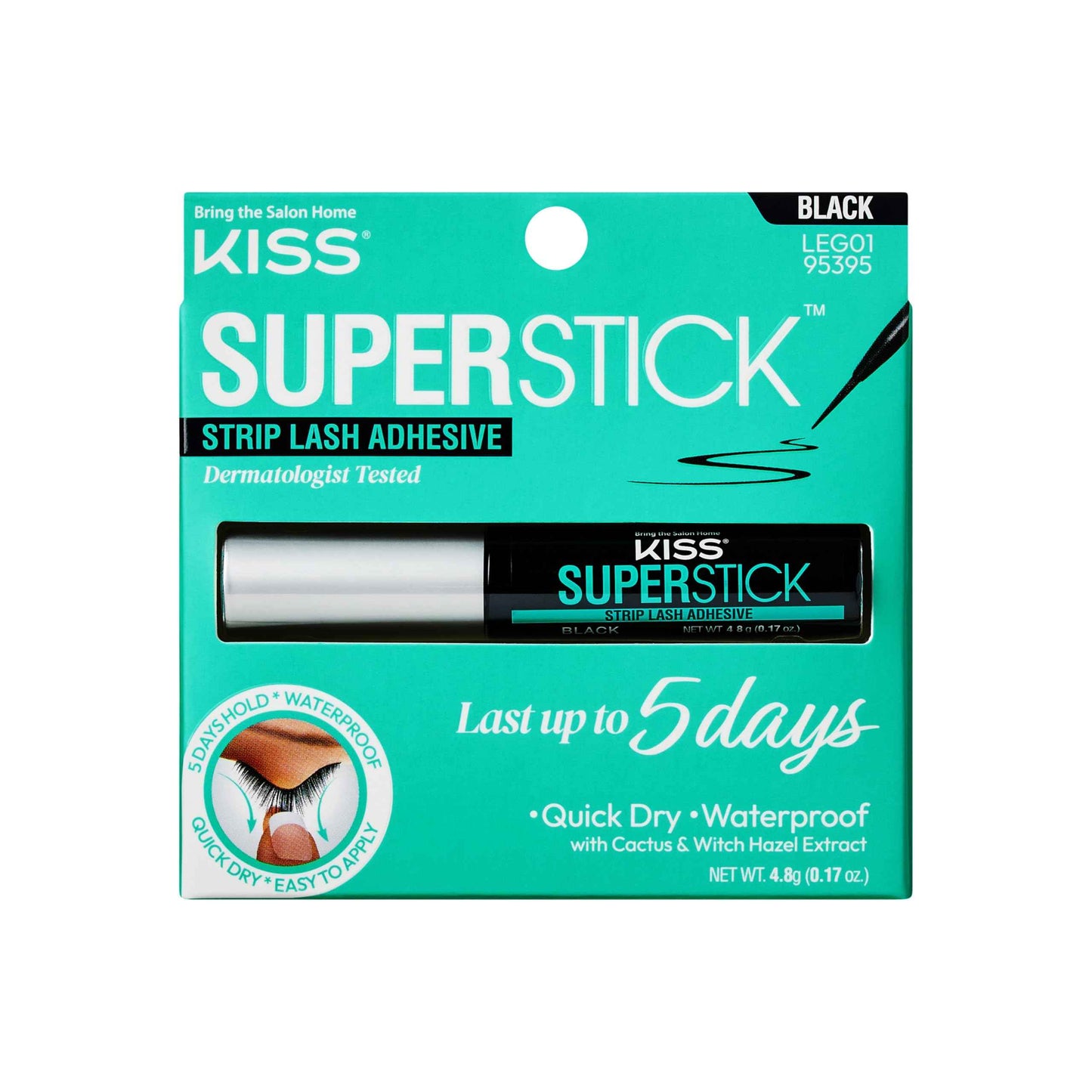 KISS SuperStick 5-Day Extended Wear Strip Lash Adhesive, Quick Drying Lash Glue, Witch Hazel & Cactus Extract Infused, Brush Applicator, Net Wt. 4.8g (0.17 oz.)