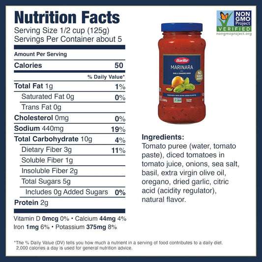 Barilla Pasta Sauce, NO ADDED SUGAR - Made with 100% Extra Virgin Olive Oil - No Artificial Colors, Flavors or Preservatives - Non-GMO, Gluten Free, Kosher