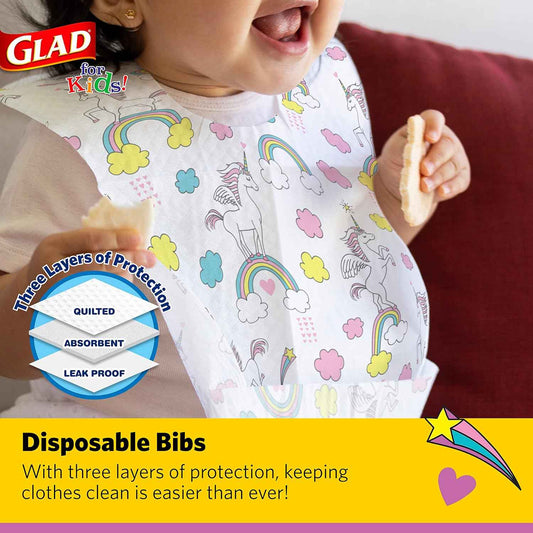 Glad for Kids Disposable Paper Bibs with Crumb Catcher, Absorbent Leakproof Bibs for Toddlers and Babies, Mess Free Feeding, Crafts, Parties, and Travel Use