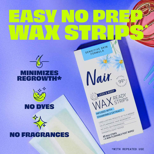 Nair Sensitive Hair Remover Mess-Free Wax Ready Strips, Legs and Body Easy Hair Removal Wax Strips for Sensitive Skin, Chamomile Extract, Dermatologist Tested, Plus 6 Post Wipes