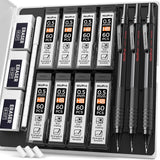 Mechanical Pencil Set with Case, 3PCS MP1000 0.7mm Artist Lead Pencil With 8 Tube HB Refills, 3 Erasers, 9 Eraser Refill For Architect Art Drafting Drawing Engineering, Sketching
