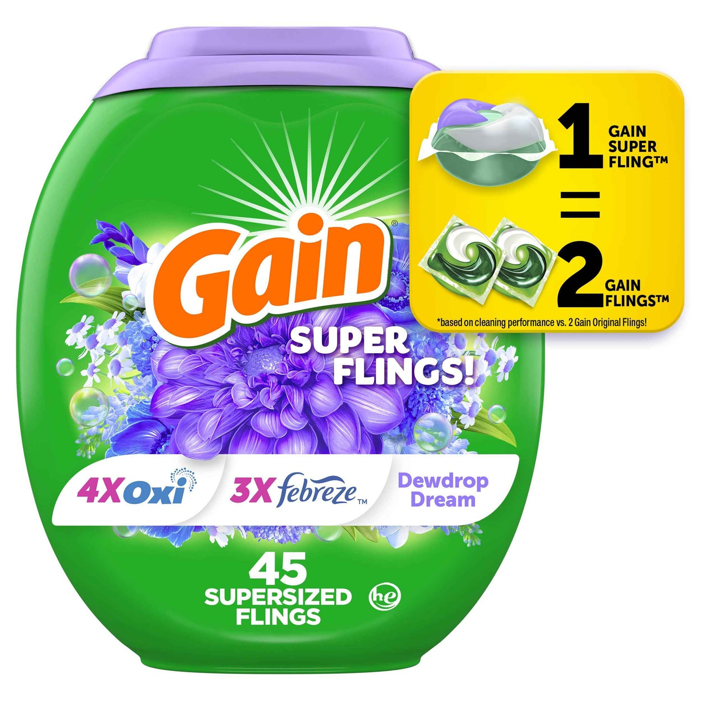 Gain Super Flings Laundry Detergent Pacs, Dewdrop Dream scent, clean and fresh washing detergent laundry soap pacs