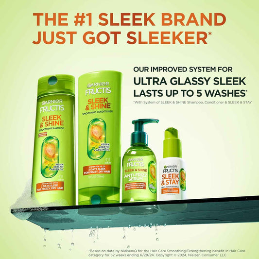 Garnier Fructis Sleek & Shine Shampoo, Conditioner + Leave-In Conditioer Set for Frizzy, Dry Hair, Plant Keratin + Argan Oil (3 Items), 1 Kit (Packaging May Vary)