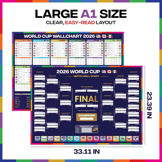 2026 World Cup Bracket Poster 2026 | A1 Size 2026 World Cup Soccer Poster with US Kick Off Times, Fixtures, Stadiums & Host Cities | World Cup Wall Chart