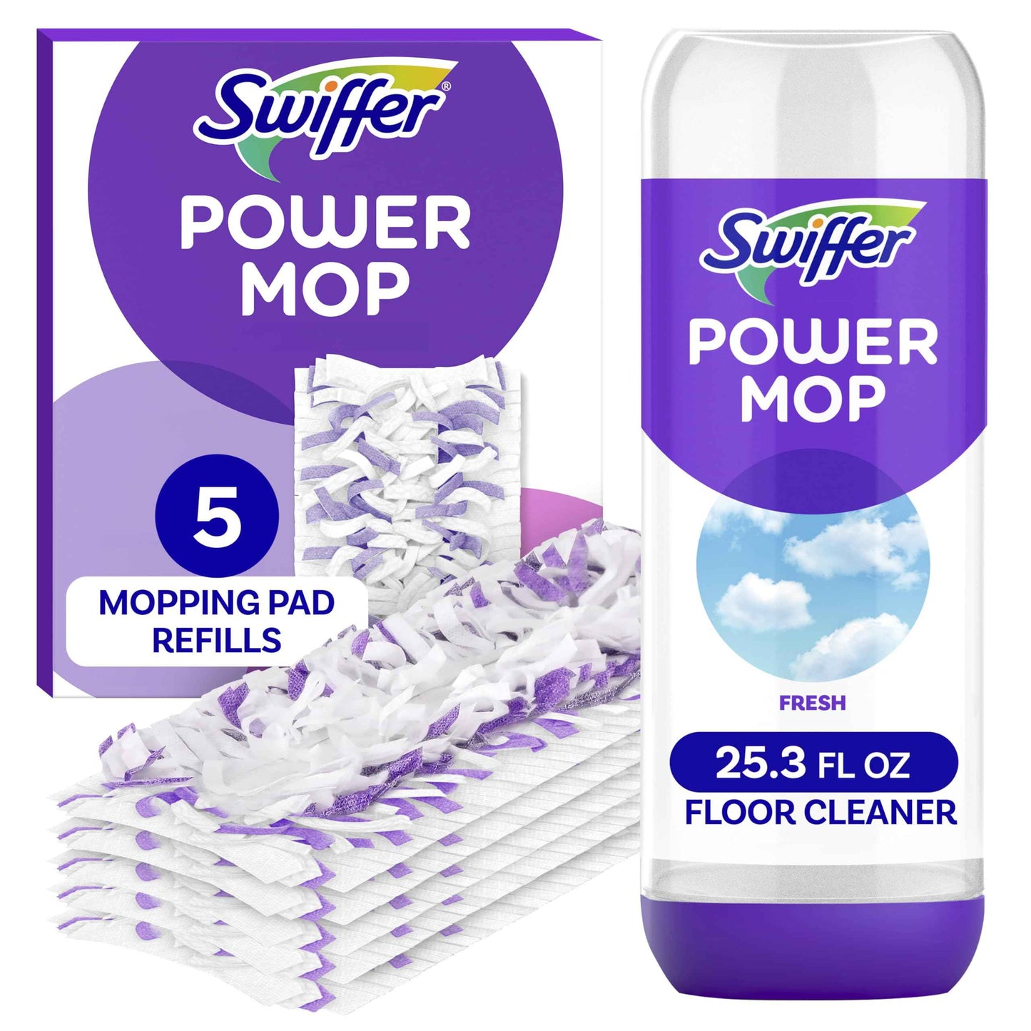 Swiffer Power Mop Refill Pack, Floor Cleaner for Mopping Tile, Vinyl, Laminate, Wood in Home, Bathroom, Kitchen, All Purpose Multi-Surface Cleaning, 5 Pads + 1 Lavender Solution