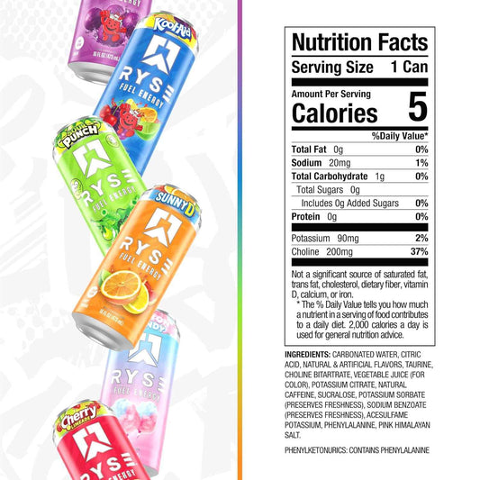 RYSE Fuel Energy Drink - Sugar Free, Gluten Free & Vegan - 200mg Natural Caffeine, Taurine & Choline for Focus & Energy - No Artificial Colors