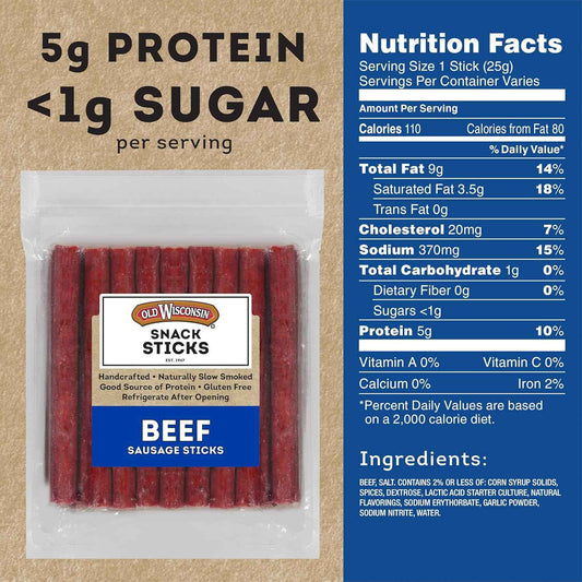 Old Wisconsin Beef Sausage Snack Sticks, Naturally Smoked, Ready to Eat, High Protein, Low Carb, Keto, Gluten Free