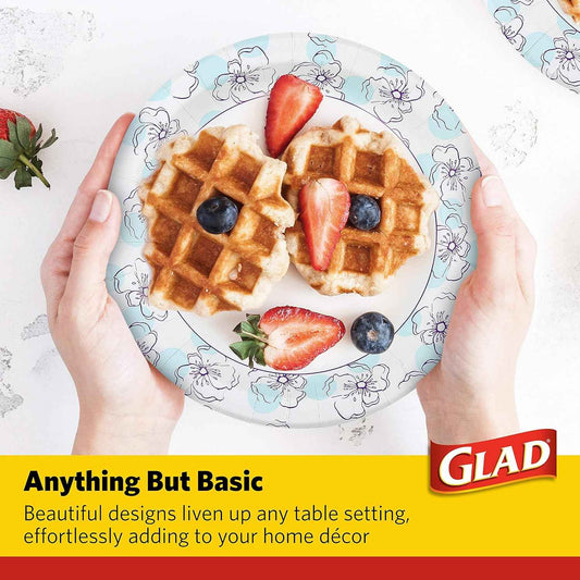 Glad Round Disposable Paper Plates, Heavy Duty Soak Proof Cut Resistant Microwave Safe Plates for Meals, Parties, Picnics, and Events