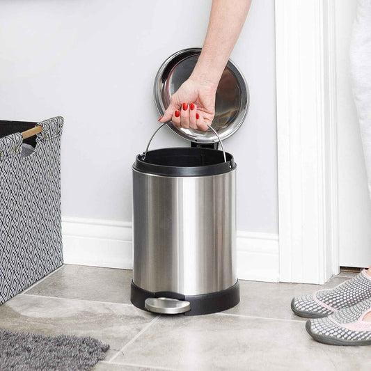 Glad Small Trash Can, 1.2 Gallon | Round Stainless Steel Garbage Bin with Soft Close Lid & Step Foot Pedal | Metal Waste Basket with Removable Inner Bucket, 8 x 9.5 x 12 inches