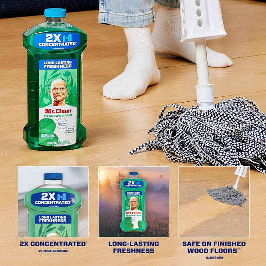 Mr. Clean All Purpose Cleaner, Floor Cleaner for Mopping Home, Bathroom, & Kitchen, Cleaning Liquid for Mop & Bucket, Cleaning Supplies, Multi-Surface Dilutable, Meadows & Rain