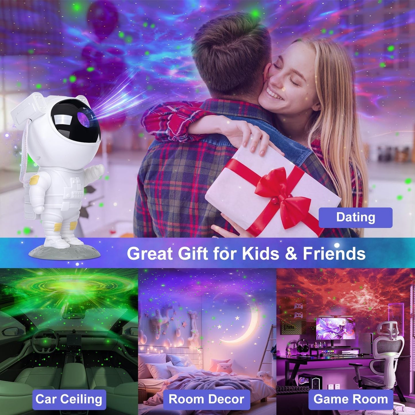 AstraStar Astronaut Star Projector – Safe LED Night Light for Kids Bedroom and Nursery, Cool-to-Touch Lamp with Auto Shutoff