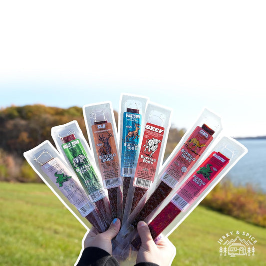 Buffalo_Bob's_Wild_Game_Meat_Snacks_(6_Pack),_Beef_Jerky_Variety_Pack,_Jerky_Gift_Baskets_for_Fathers/Dad,_Exotic_Random_Jerky_Sampler_Set,_Mens_Hunting_Stocking_Stuffers,_Jerky_Gift_Set