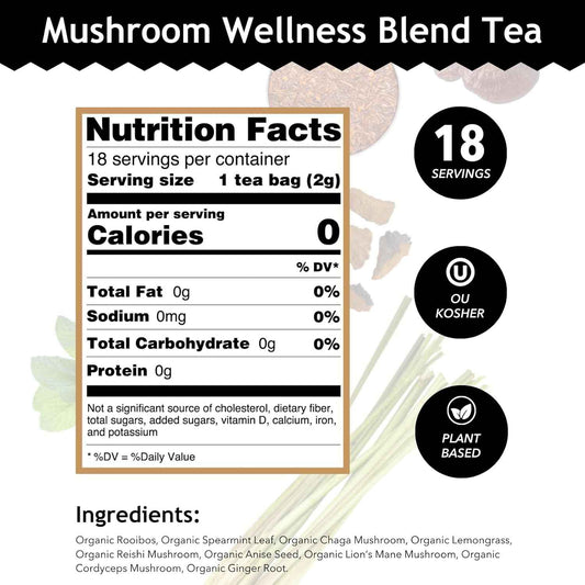 Buddha Teas Mushroom Wellness Herbal Tea – Spearmint and Lemongrass Aroma Brew for Yoga Studio and Meditation Space, 18 Bags