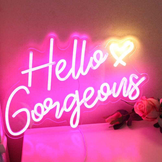 Hello Gorgeous Neon Sign – Premium Pink LED Neon Wall Art for Elevated Home Interiors, Dimmable with Timer