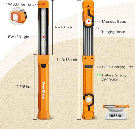 EverBrite Rechargeable Work Light – Smoke-Free Storm Safety Light, 14.5-Hour Runtime with Magnetic Base for Basement Shelter