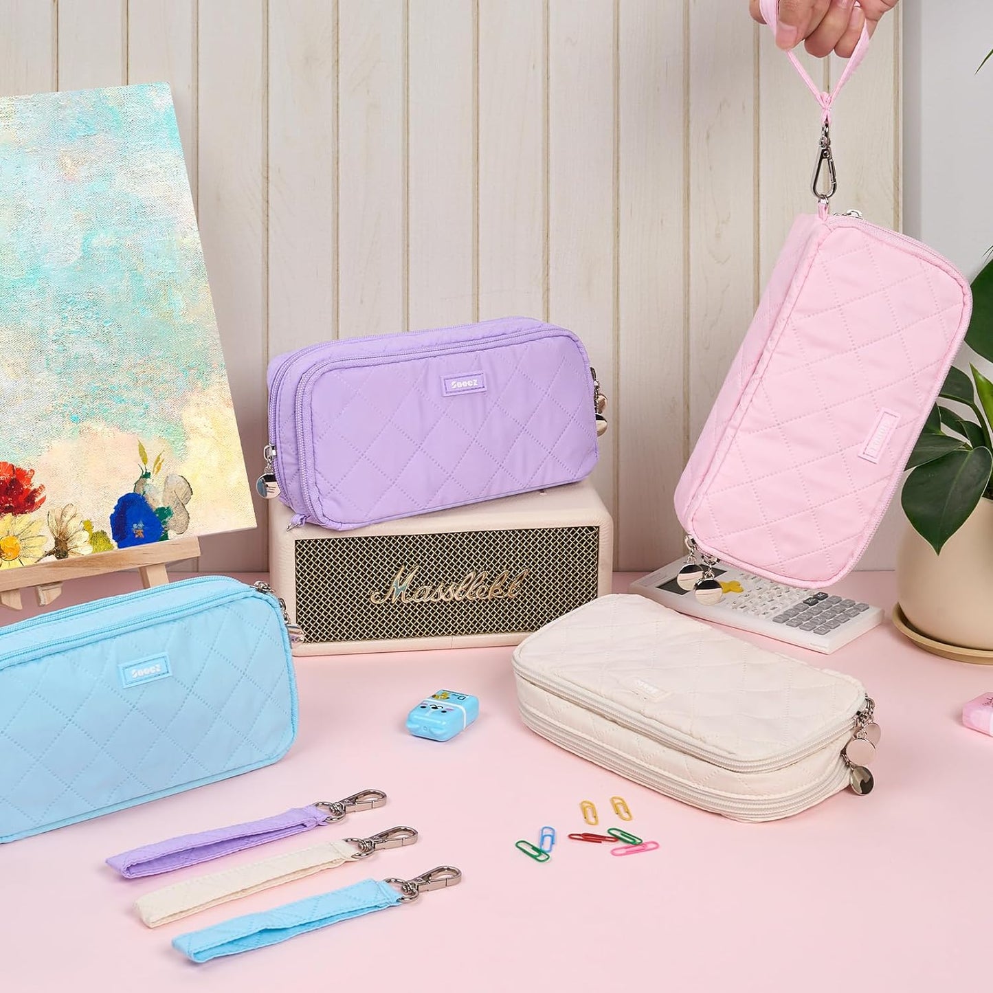 Sooez_Large_Pencil_Case_Pouch,Extra_Big_Pencil_Bag_with_8_Compartments,Pen_Bag_Wide_Opening,Soft_Quilted_Pencil_Pouch_Organizer_with_Zipper,Portable_Pencil_Case_for_Teen_Girls,Beige