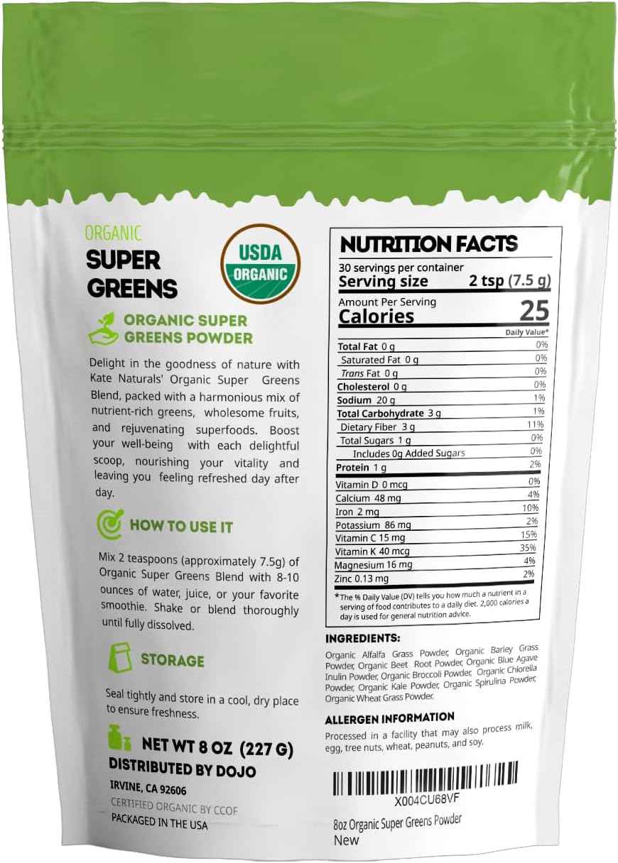 Kate Naturals Organic Super Greens Powder – Daily Wellness Ritual with Probiotics and Fiber for Smoothies and Morning Self Care