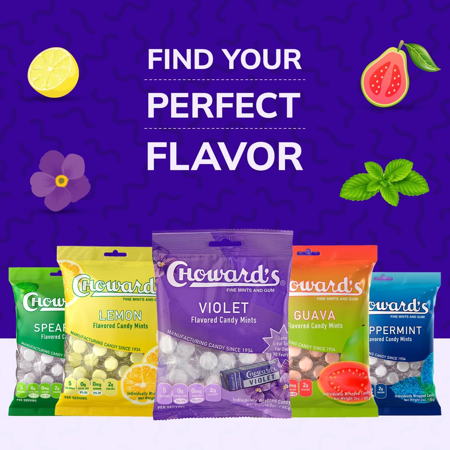 Choward's Violet Mints Candy Bag – Romantic Valentine's Day Gift for Mom, Nostalgic Floral Candy in 3-Pack