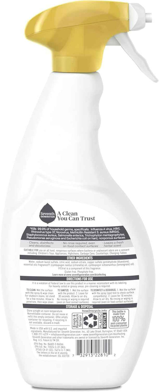 Seventh Generation Lemongrass Citrus Disinfecting Multi-Surface Cleaner for Family Kitchens, Germ-Kill on Counters Without Harsh Chemicals