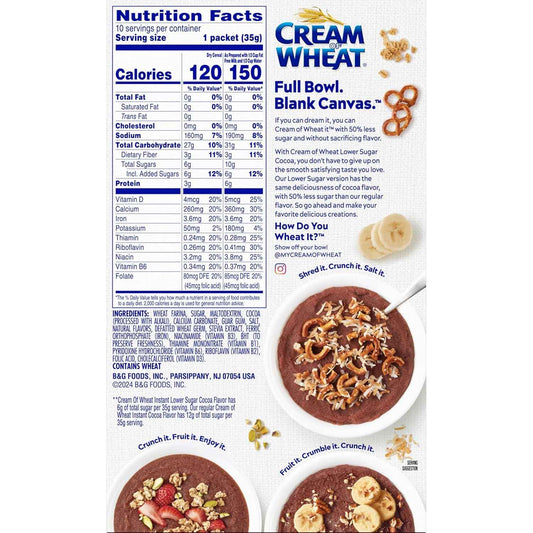 Cream of Wheat Lower Sugar Cocoa Hot Cereal – Fast Microwave Breakfast for Focused Workdays, 10 Packets